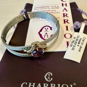 Charriol Amethyst Diamond and 18k Gold Surround Stainless Steel Cable Bracelet